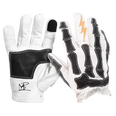 Leather Skeleton Gloves White Black Lightning 