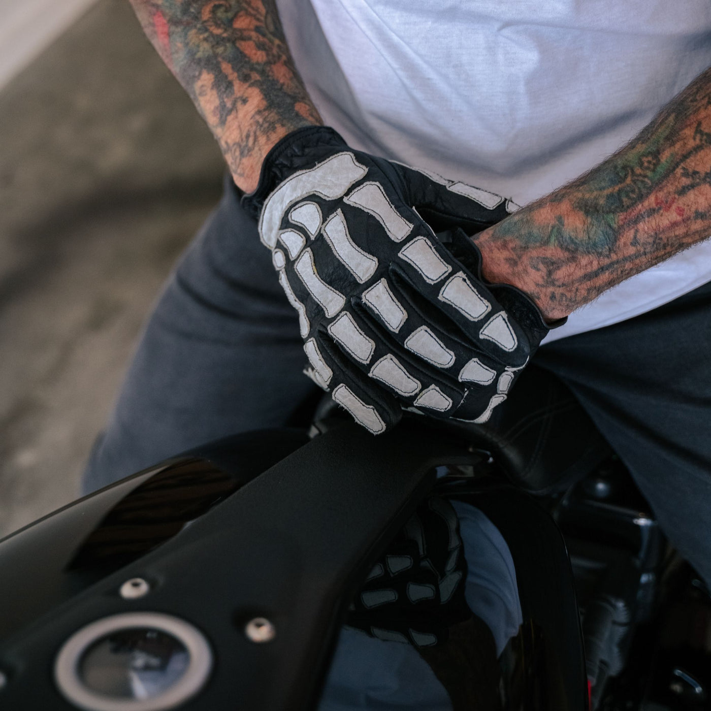 Skeleton Leather Motorcycle Glove - Black-White