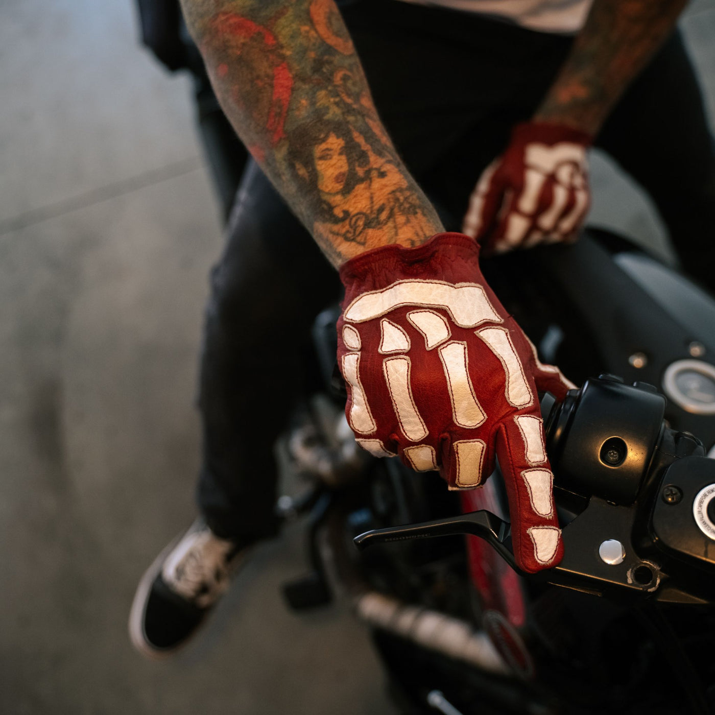 Skeleton Leather Motorcycle Gloves - Red-White