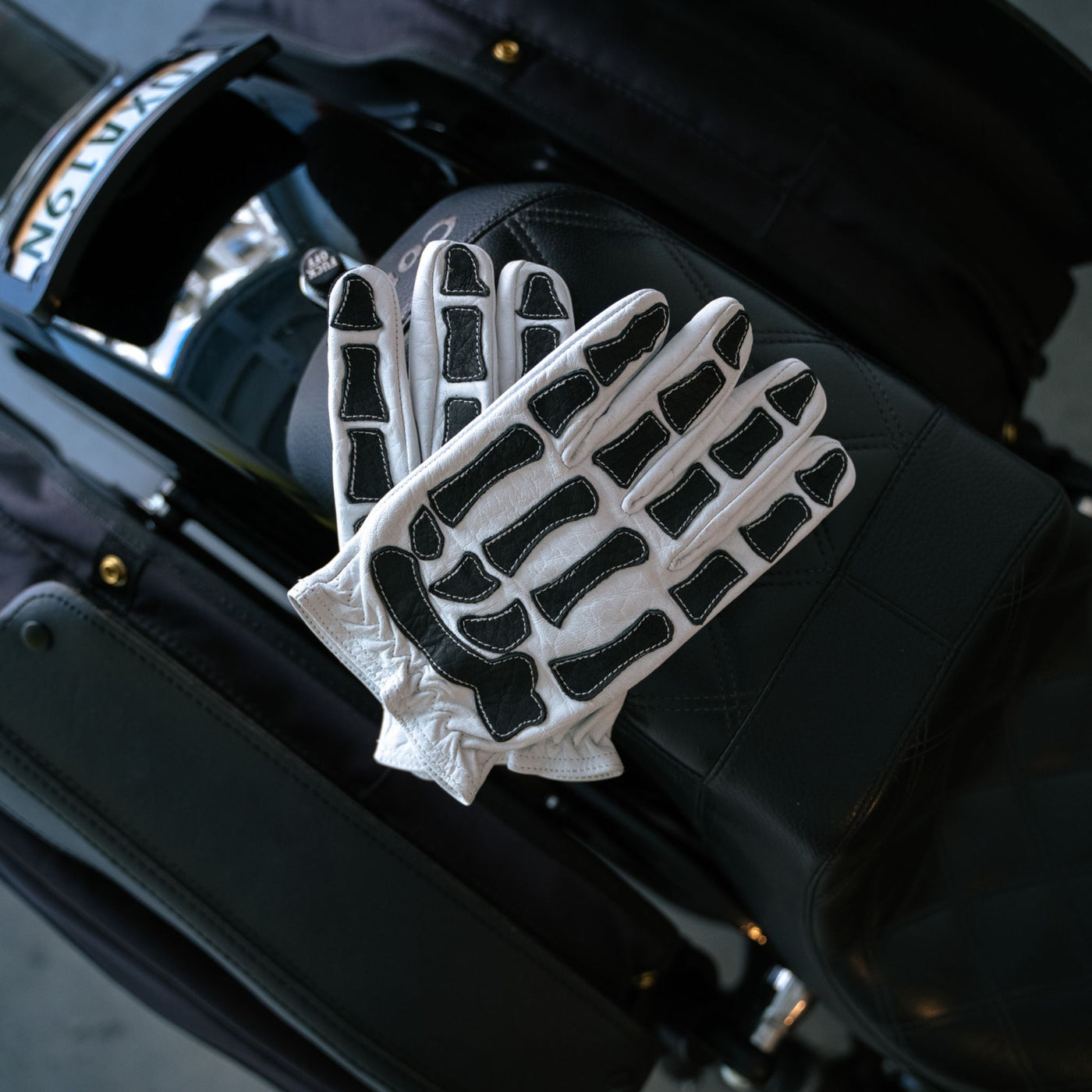Skeleton Leather Motorcycle Gloves - White-Black