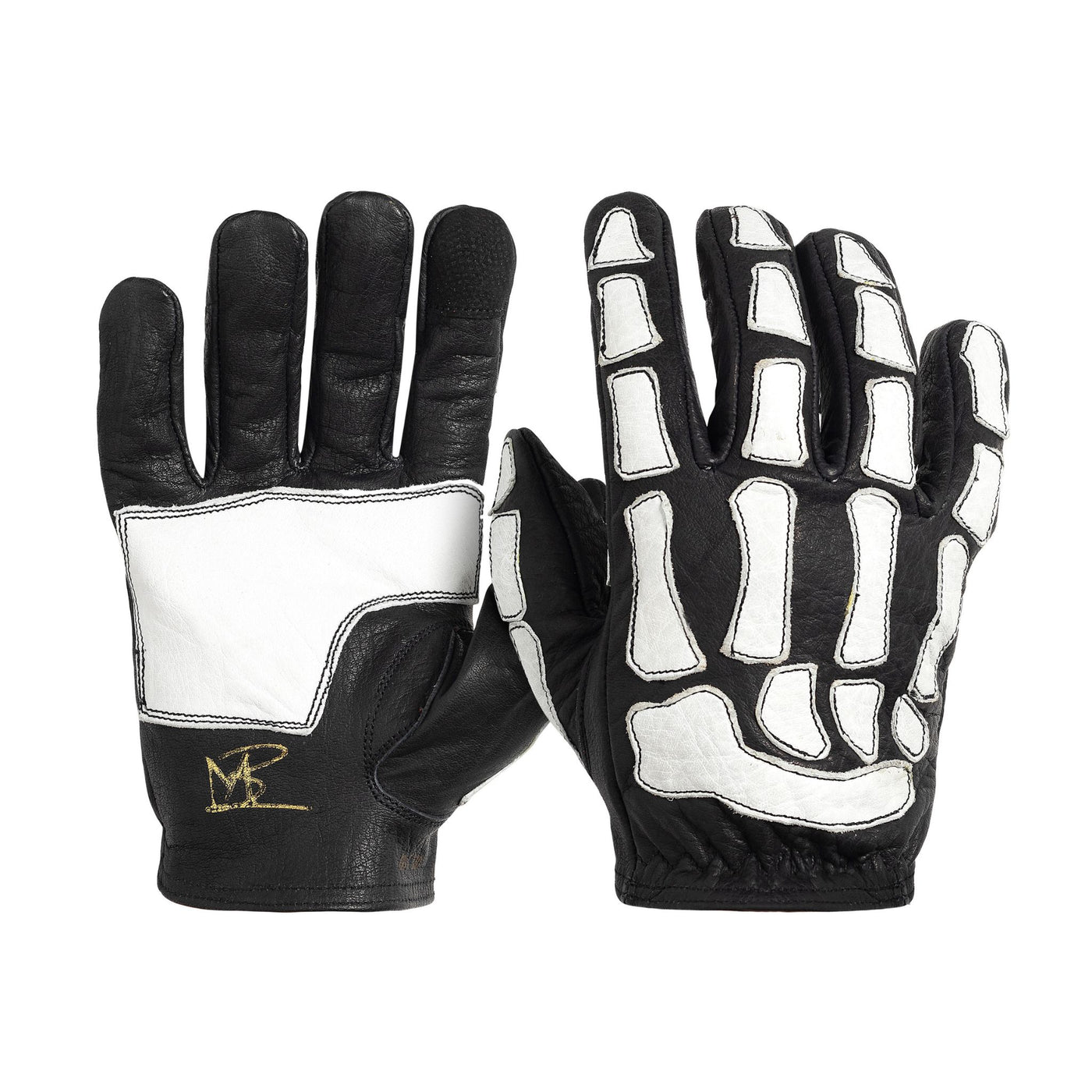 Skeleton Leather Motorcycle Glove - Black-White