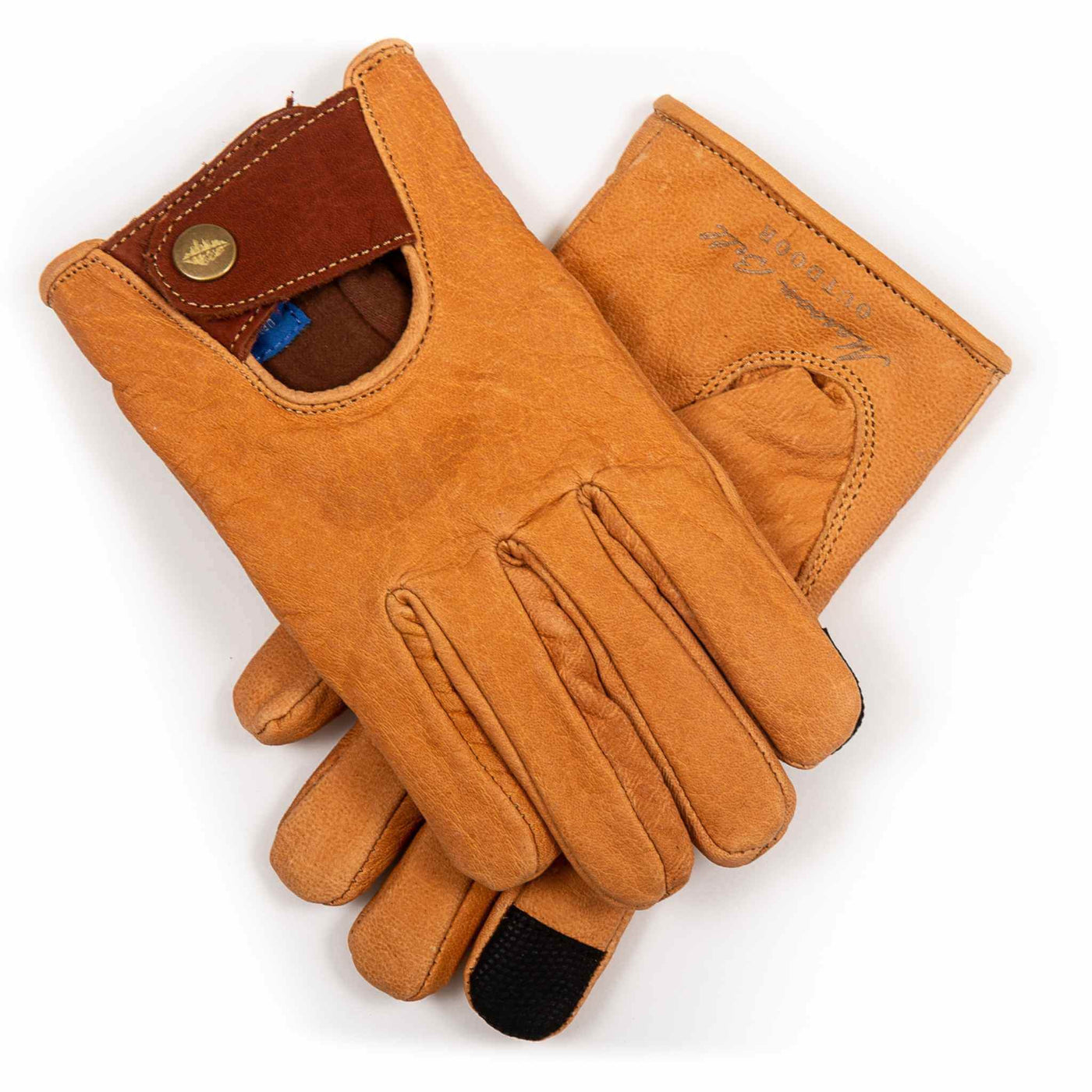 A crossed pair of buffalo leather outdoor gloves from Maroon Bell Outdoor, featuring a button clasp on the back and a smart index finger.